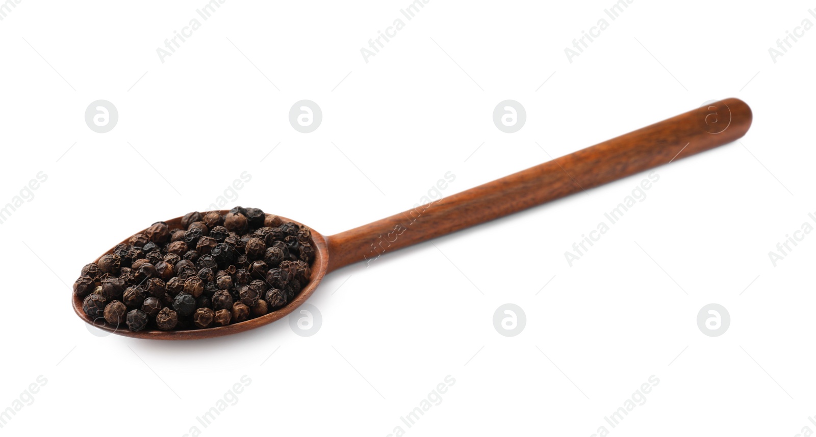 Photo of Aromatic spice. Many black peppercorns in spoon isolated on white