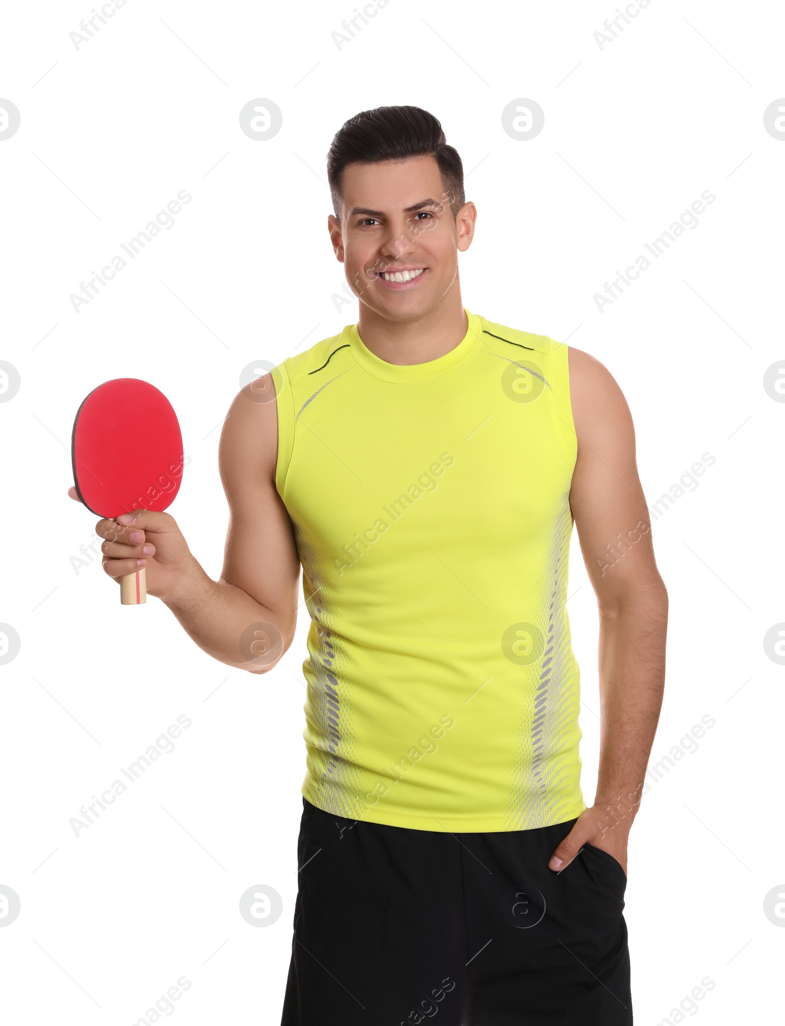 Photo of Handsome man with table tennis racket on white background. Ping pong player