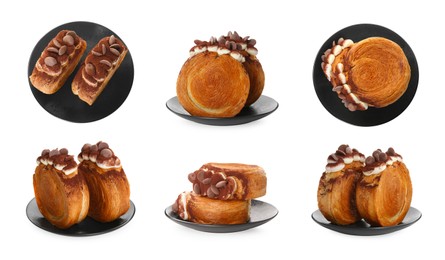 Image of Collection of round croissants isolated on white, top and side views. Puff pastry