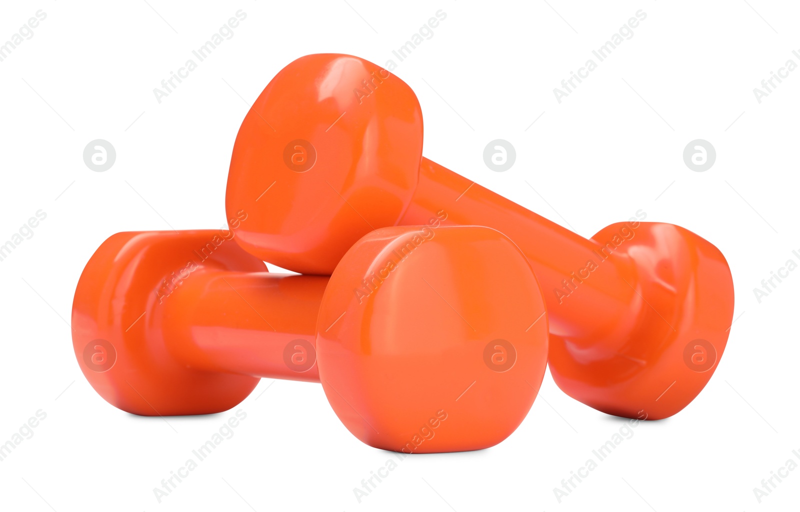 Photo of Orange dumbbells isolated on white. Sports equipment