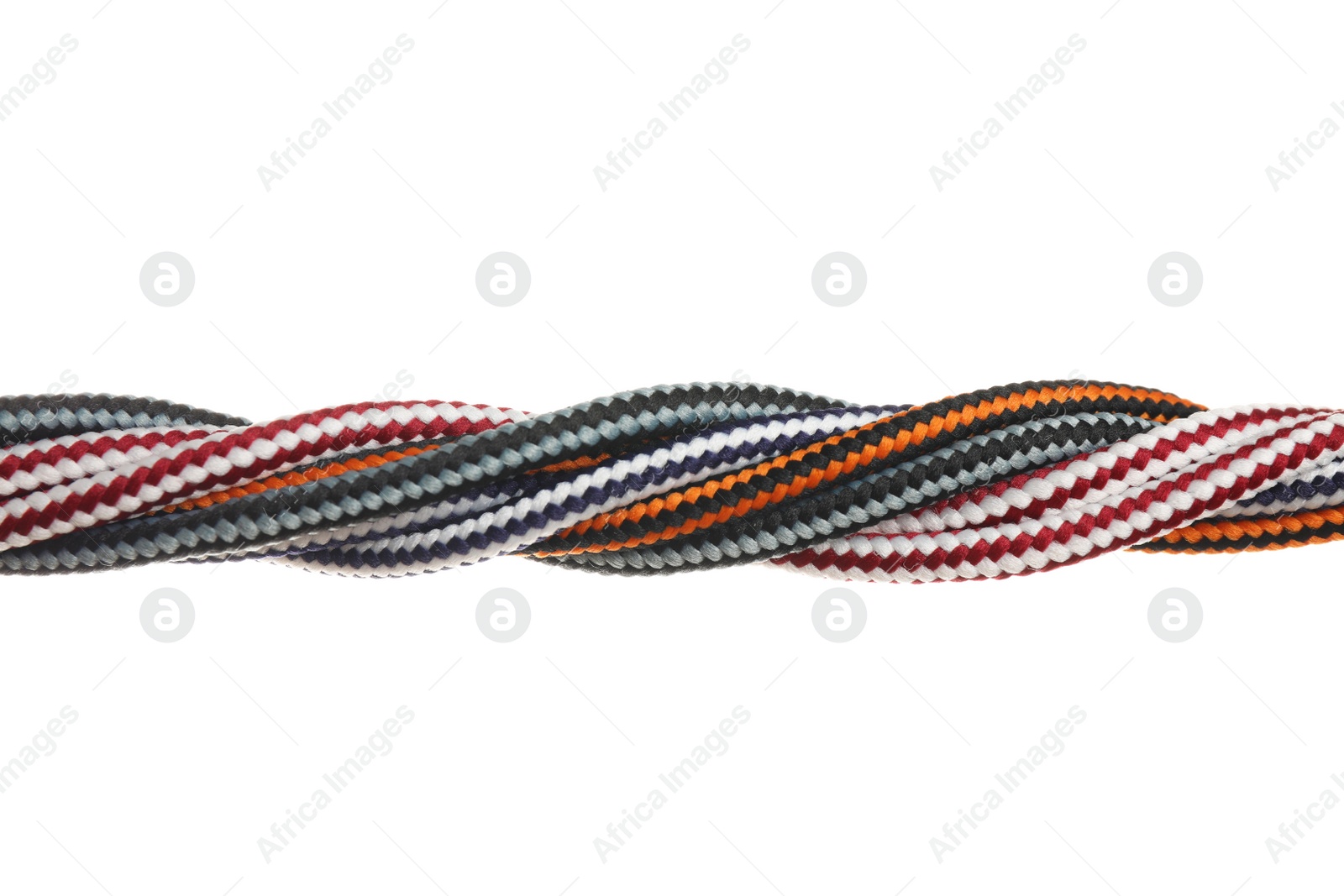 Photo of Twisted colorful ropes isolated on white. Unity concept
