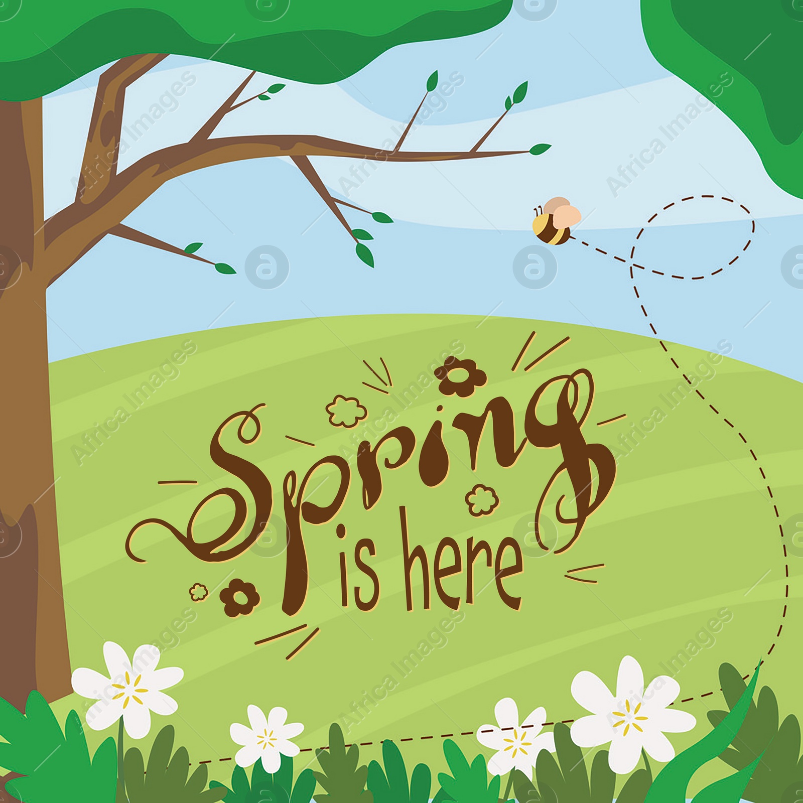 Illustration of Bee flying near trees and flowers in meadow and text Spring Is Here