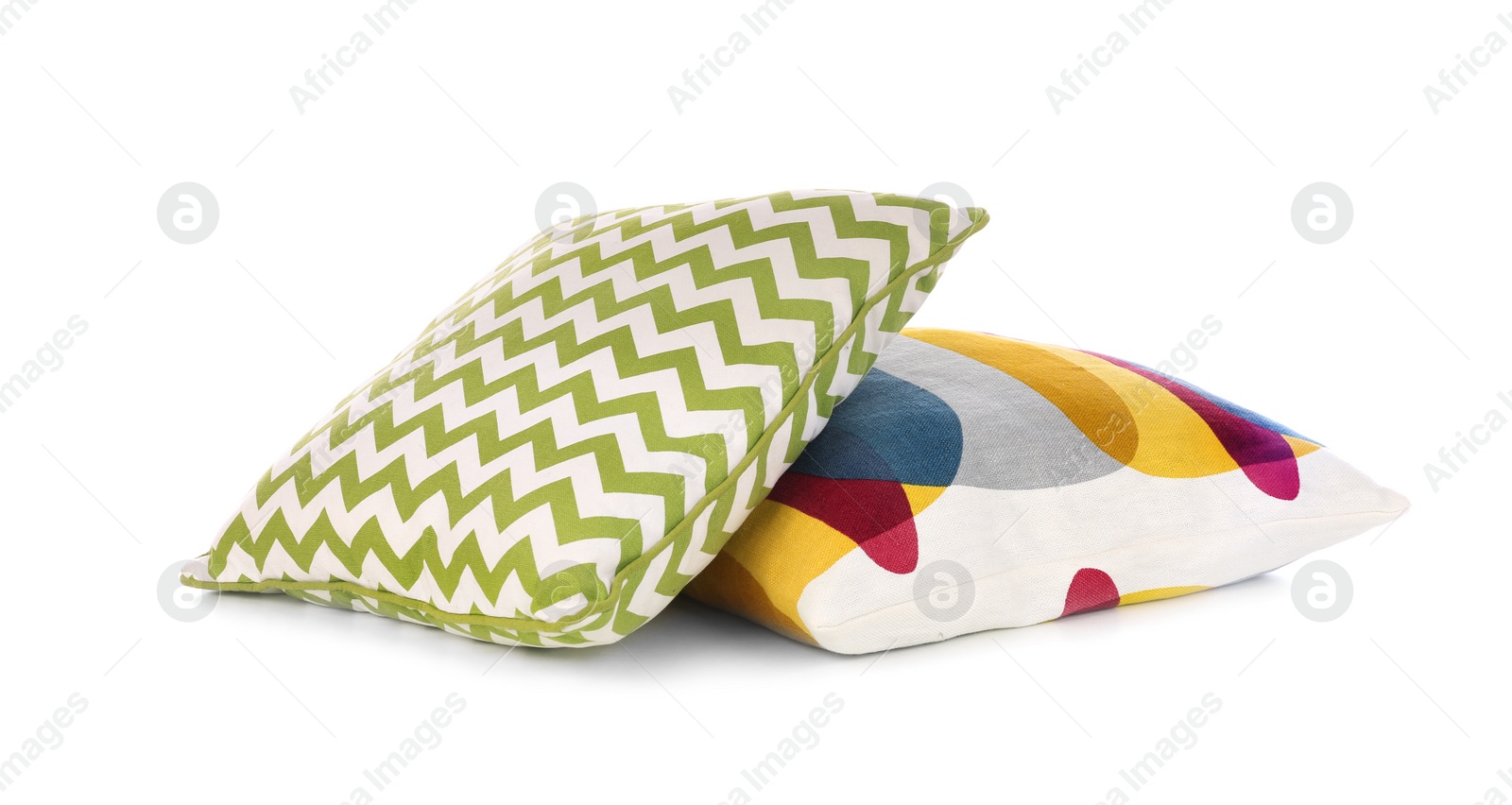 Photo of Different colorful pillows on white background