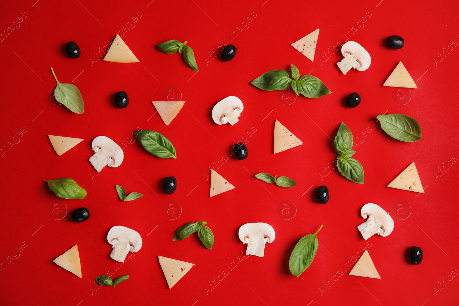 Photo of Flat lay composition with ingredients for pizza on color background