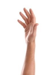 Photo of Man showing hand on white background, closeup