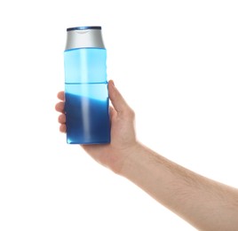 Photo of Man holding bottle of shower gel on white background, closeup. Mockup for design