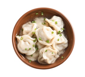 Photo of Bowl of tasty dumplings in broth isolated on white, top view