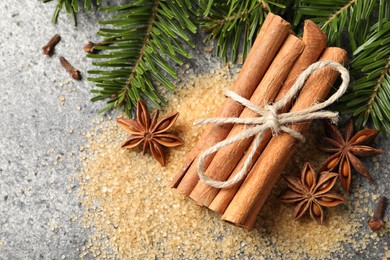 Photo of Different spices and fir branches on gray table, flat lay