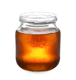 Jar with organic honey isolated on white