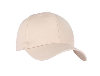 Photo of Stylish beige baseball cap isolated on white