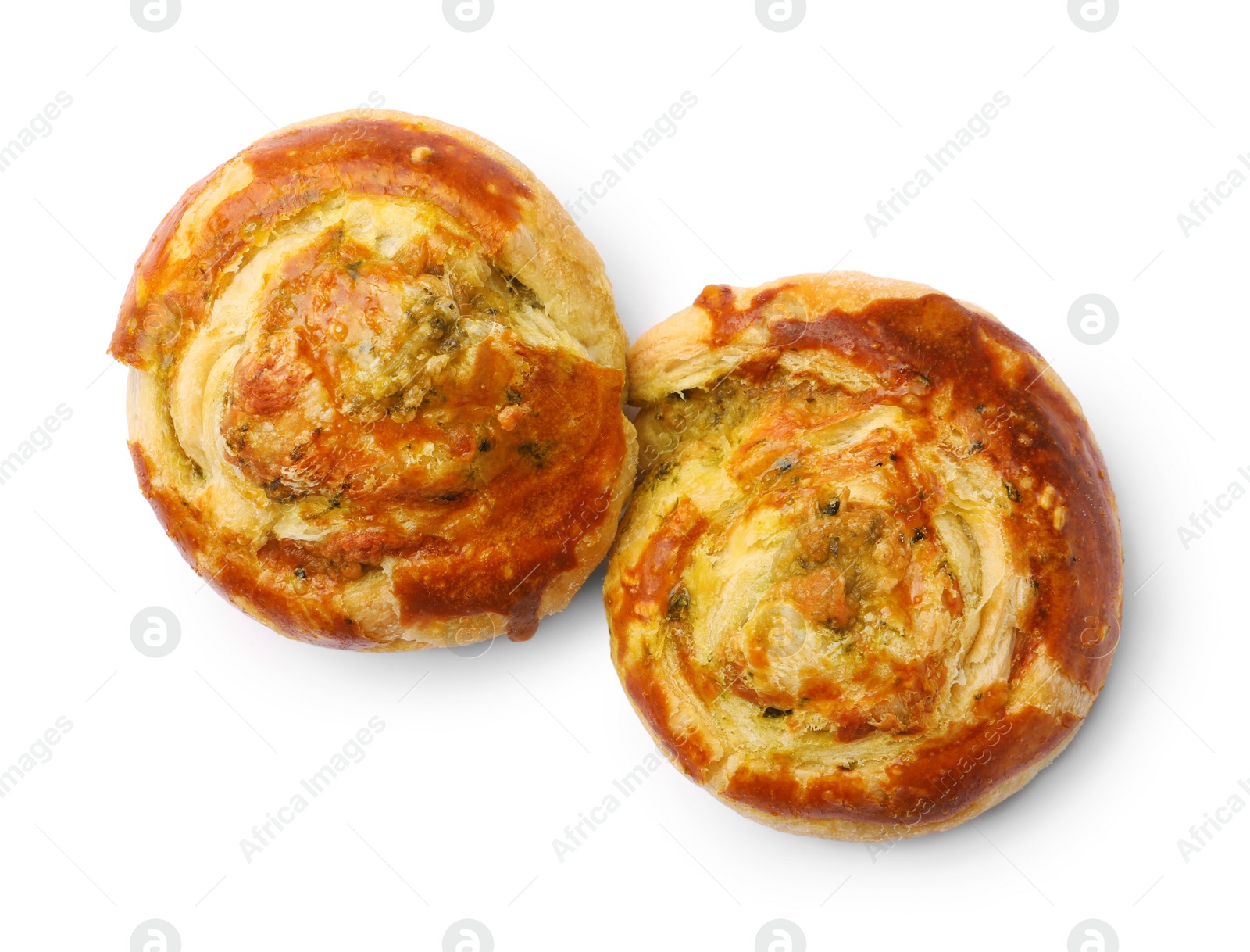 Photo of Fresh delicious puff pastry with tasty filling on white background, top view