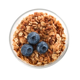 Photo of Glass of tasty muesli and blueberries isolated on white, top view