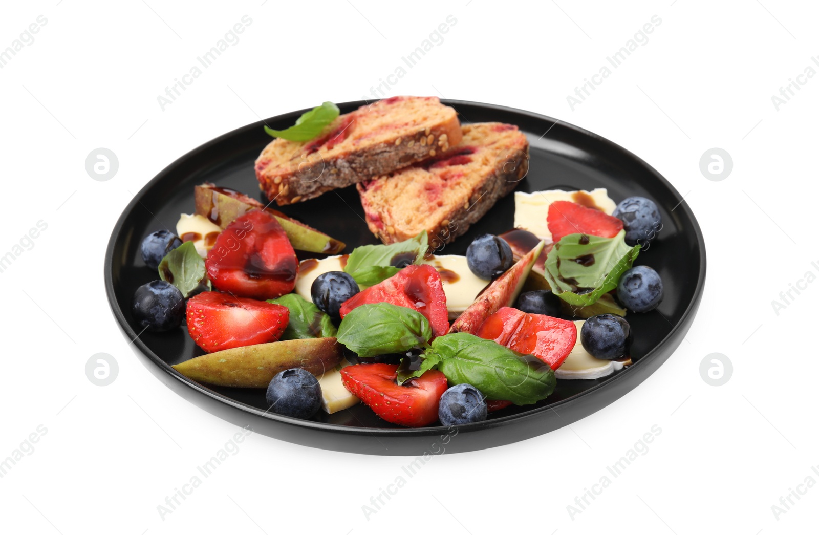 Photo of Plate of delicious salad with brie cheese, berries and balsamic vinegar isolated on white