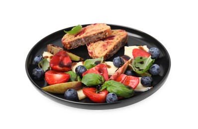 Photo of Plate of delicious salad with brie cheese, berries and balsamic vinegar isolated on white