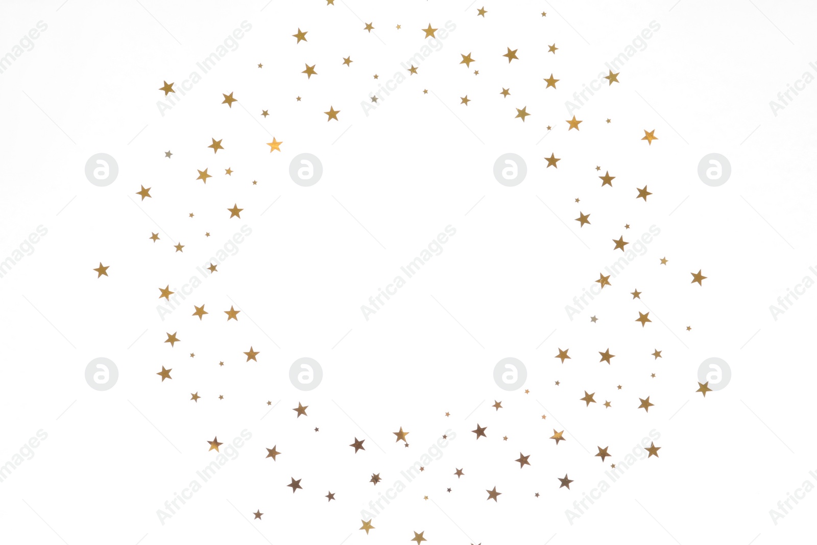 Photo of Frame made of star shaped confetti on white background, top view. Space for text