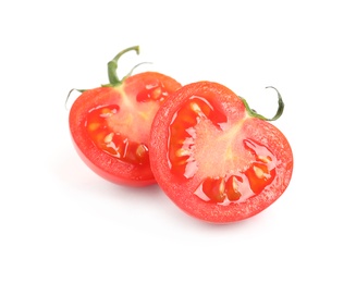 Halves of fresh cherry tomato isolated on white