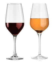 Glasses of rose and red wine isolated on white