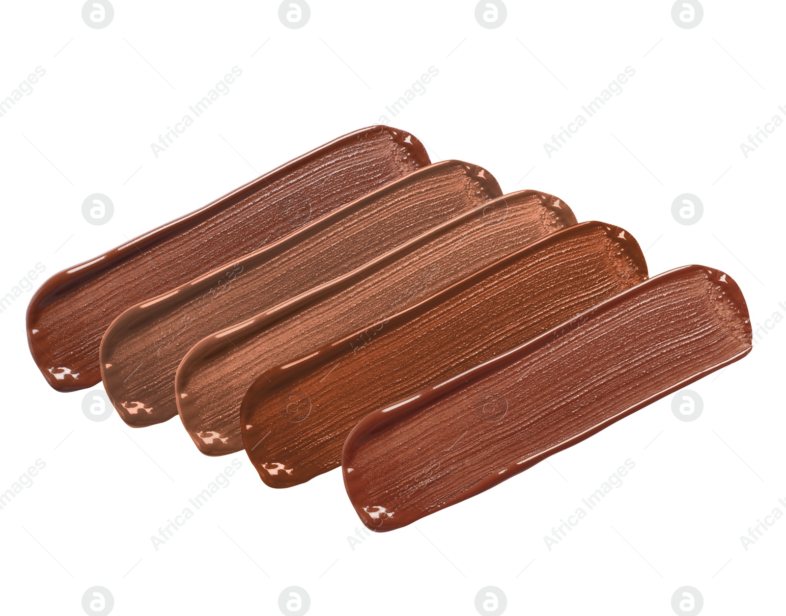 Image of Foundation of various shades for different skin tones isolated on white, top view. Set of samples