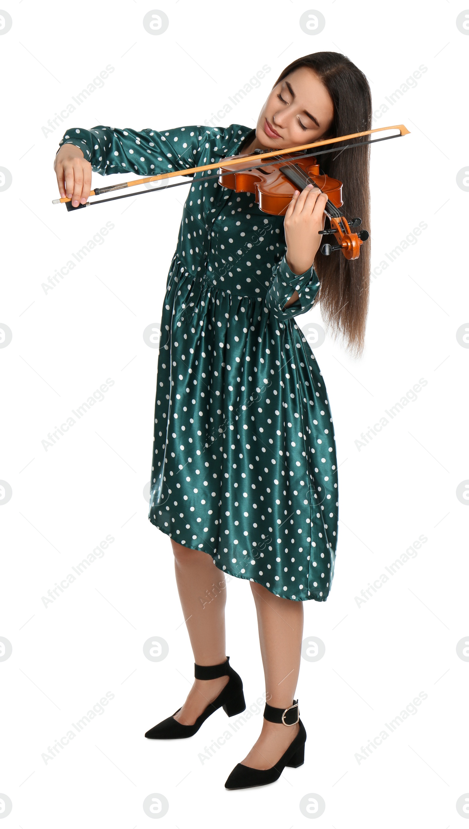 Photo of Beautiful woman playing violin on white background