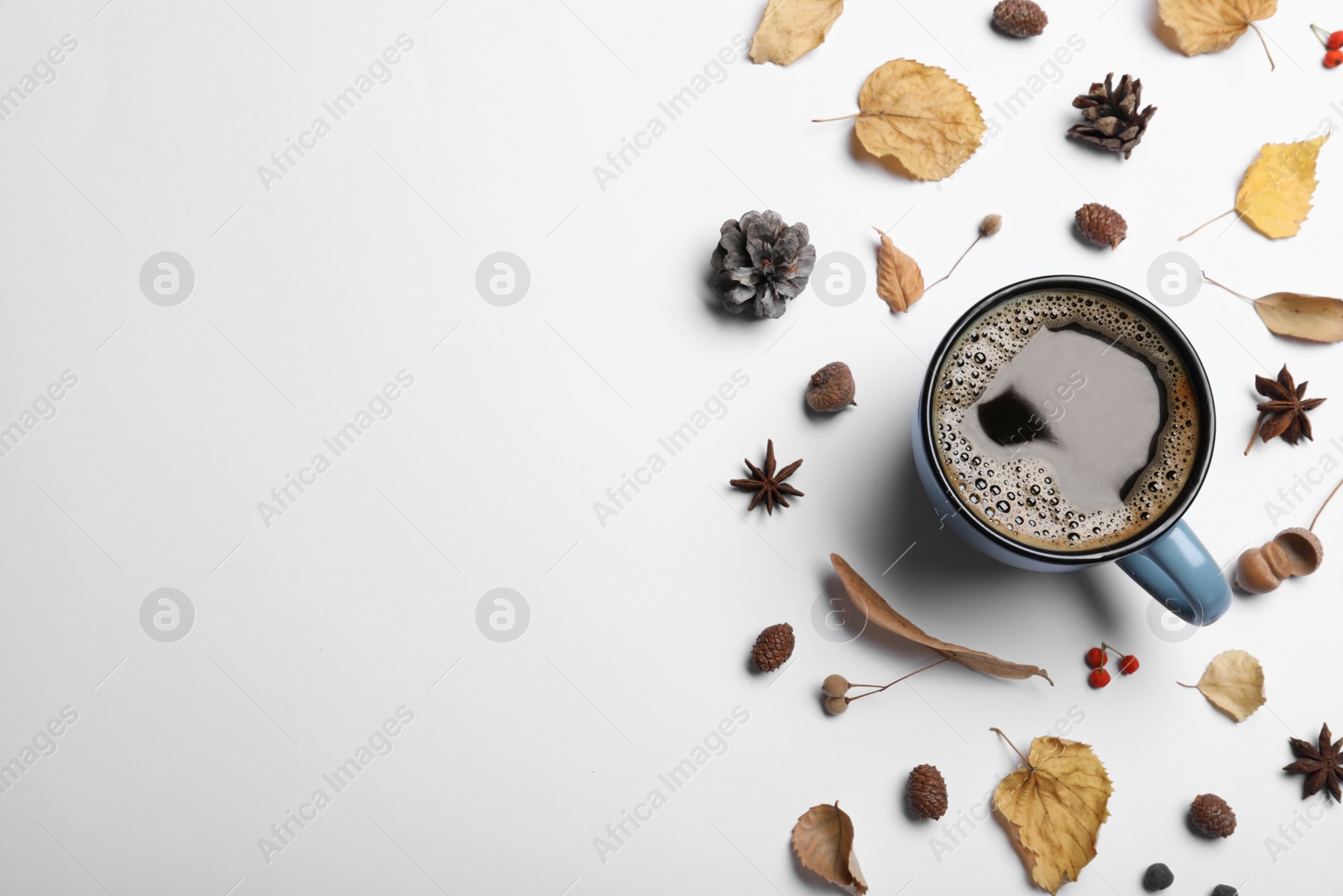 Photo of Composition with cup of hot drink on white background, top view. Cozy autumn atmosphere