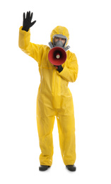 Photo of Man wearing chemical protective suit with megaphone on white background. Prevention of virus spread
