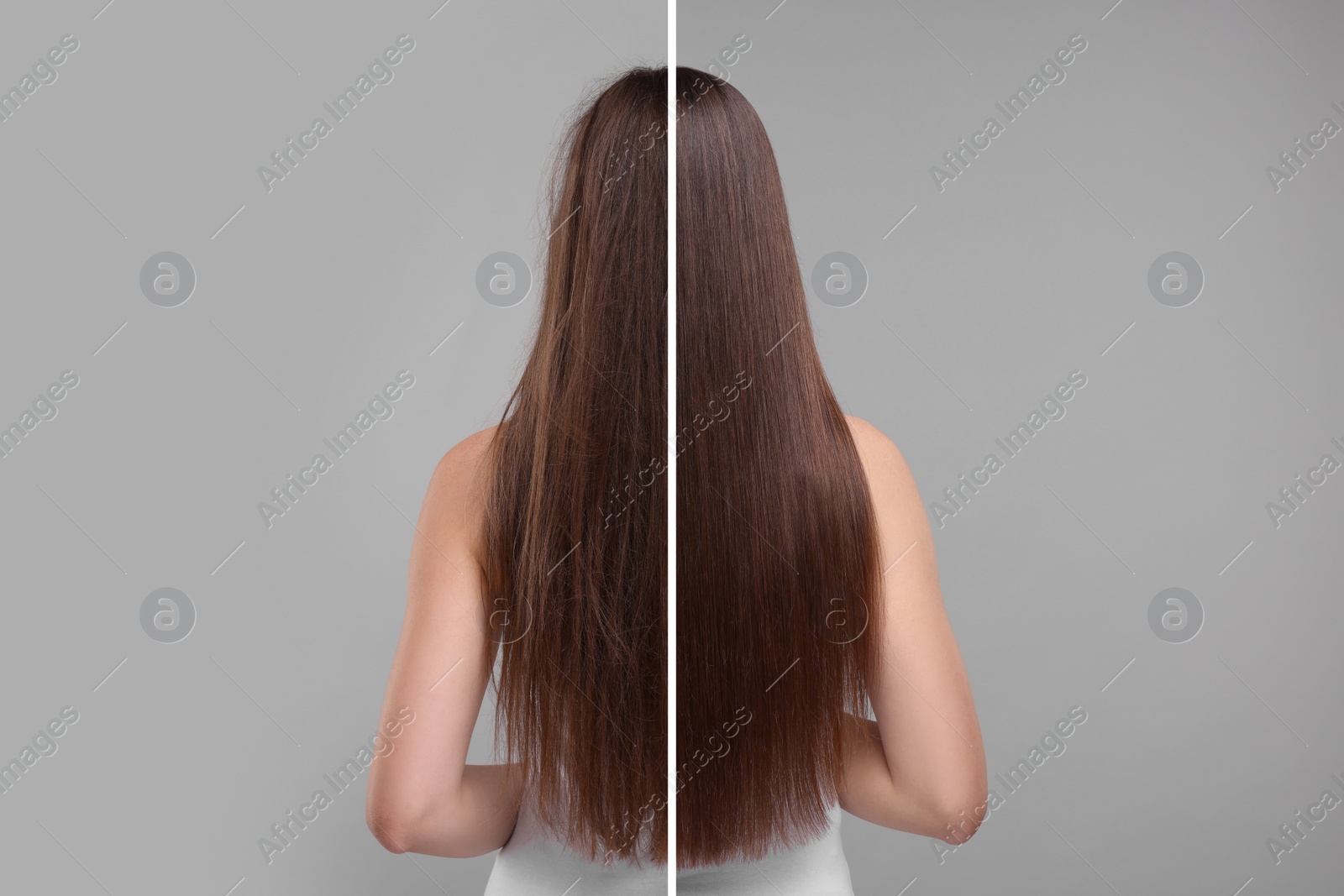 Image of Photo of woman divided into halves before and after hair treatment on grey background, back view