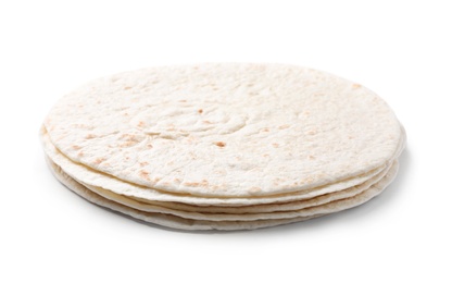 Photo of Stack of corn tortillas on white background. Unleavened bread