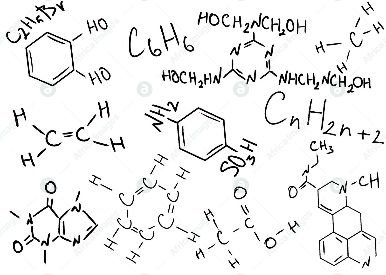 Illustration of Different chemical formulas and reactions on white background