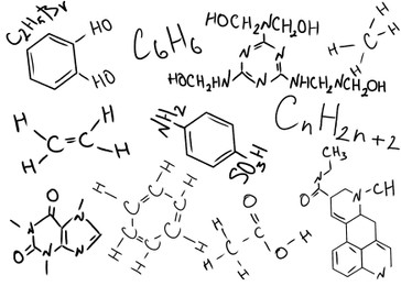 Illustration of Different chemical formulas and reactions on white background