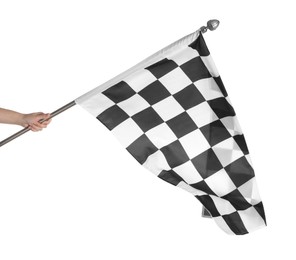 Photo of Woman holding checkered finish flag on white background, closeup
