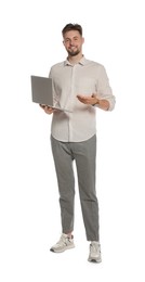 Photo of Handsome man working with laptop on white background