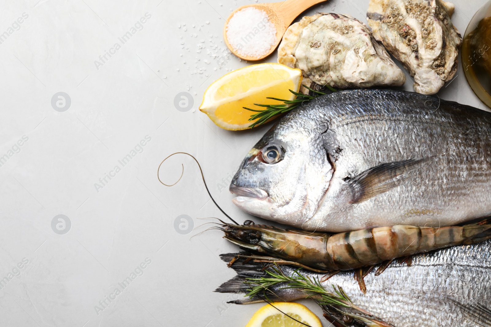 Photo of Fresh raw dorado fish, oysters and shrimps on light grey table, flat lay. Space for text