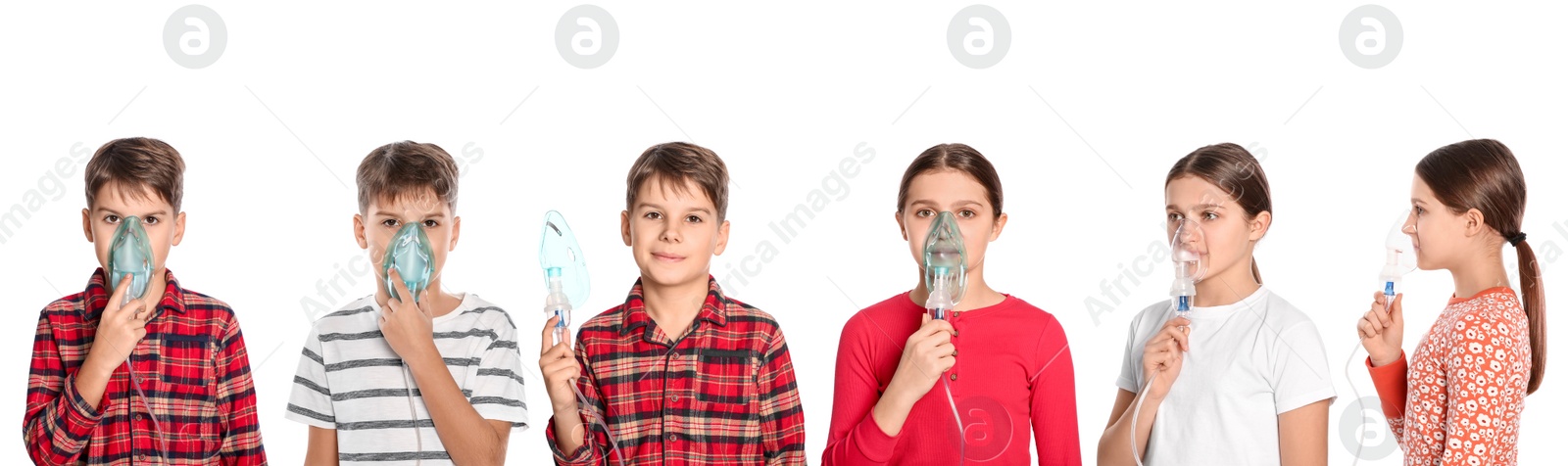 Image of Inhalation therapy. Collage with photos of kids using nebulizers on white background