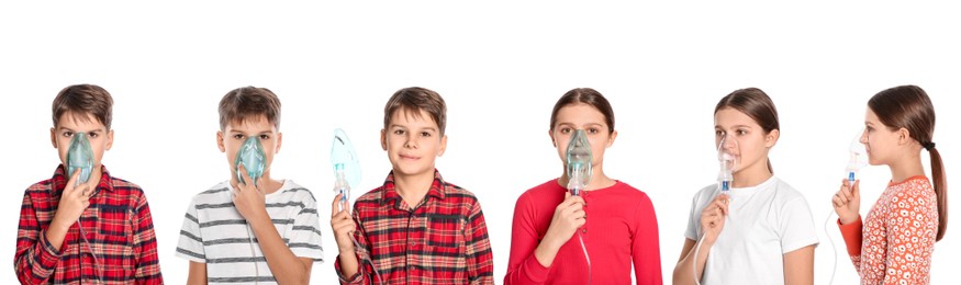 Inhalation therapy. Collage with photos of kids using nebulizers on white background