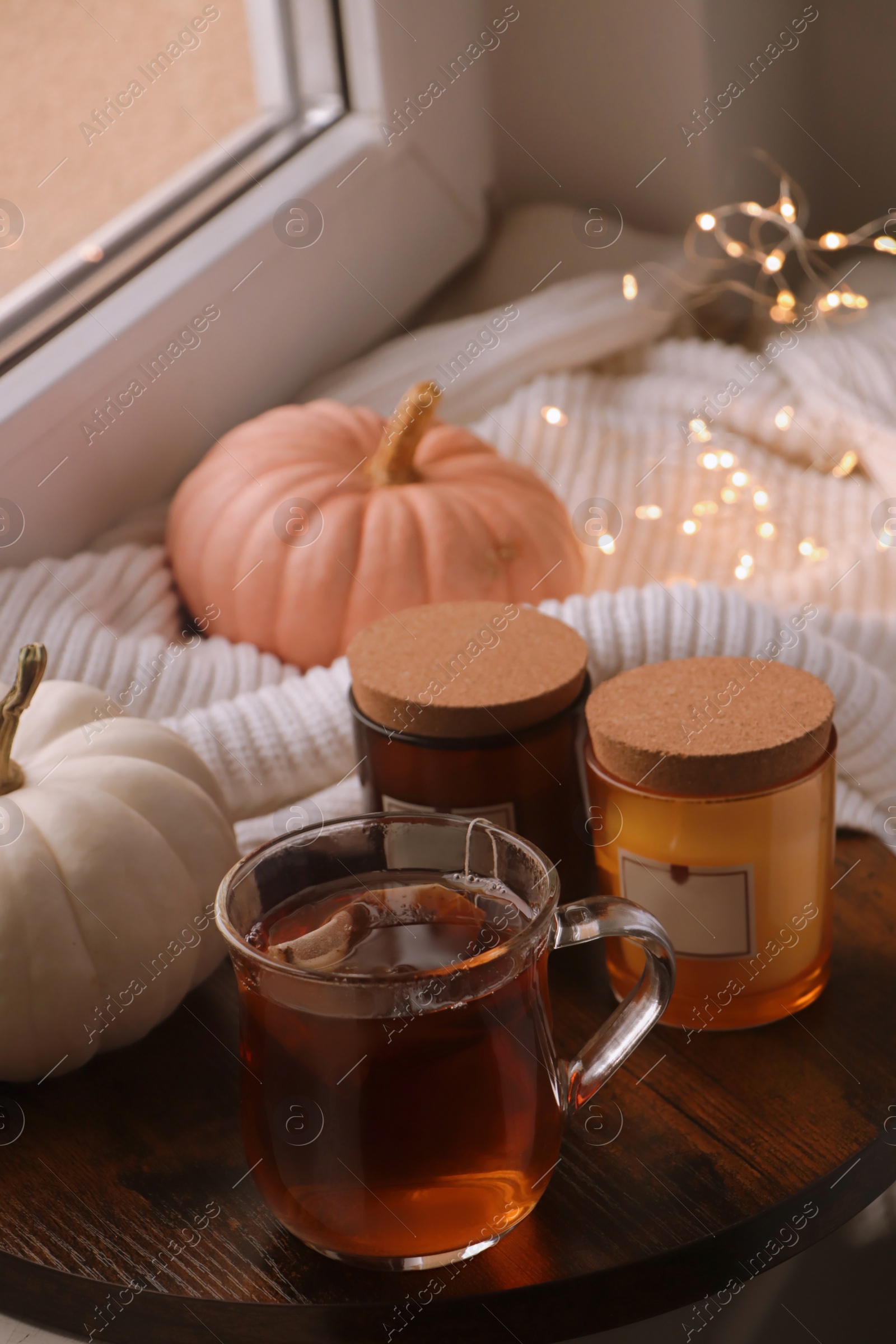 Photo of Beautiful pumpkins, scented candles and tea on window sill indoors