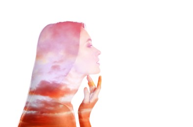Image of Harmony, balance, mindfulness. Beautiful woman and sky at sunset, double exposure