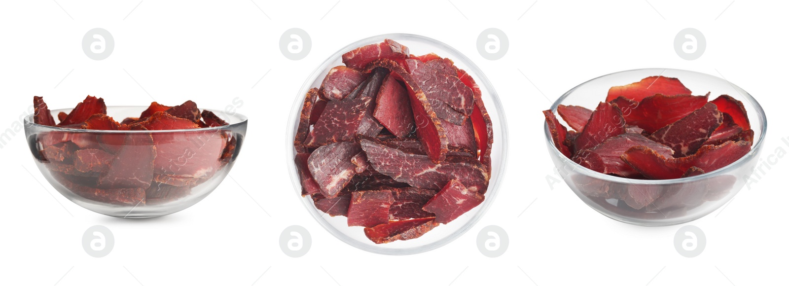 Image of Set with bowls of delicious beef jerky on white background. Banner design