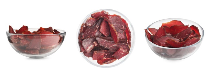 Image of Set with bowls of delicious beef jerky on white background. Banner design