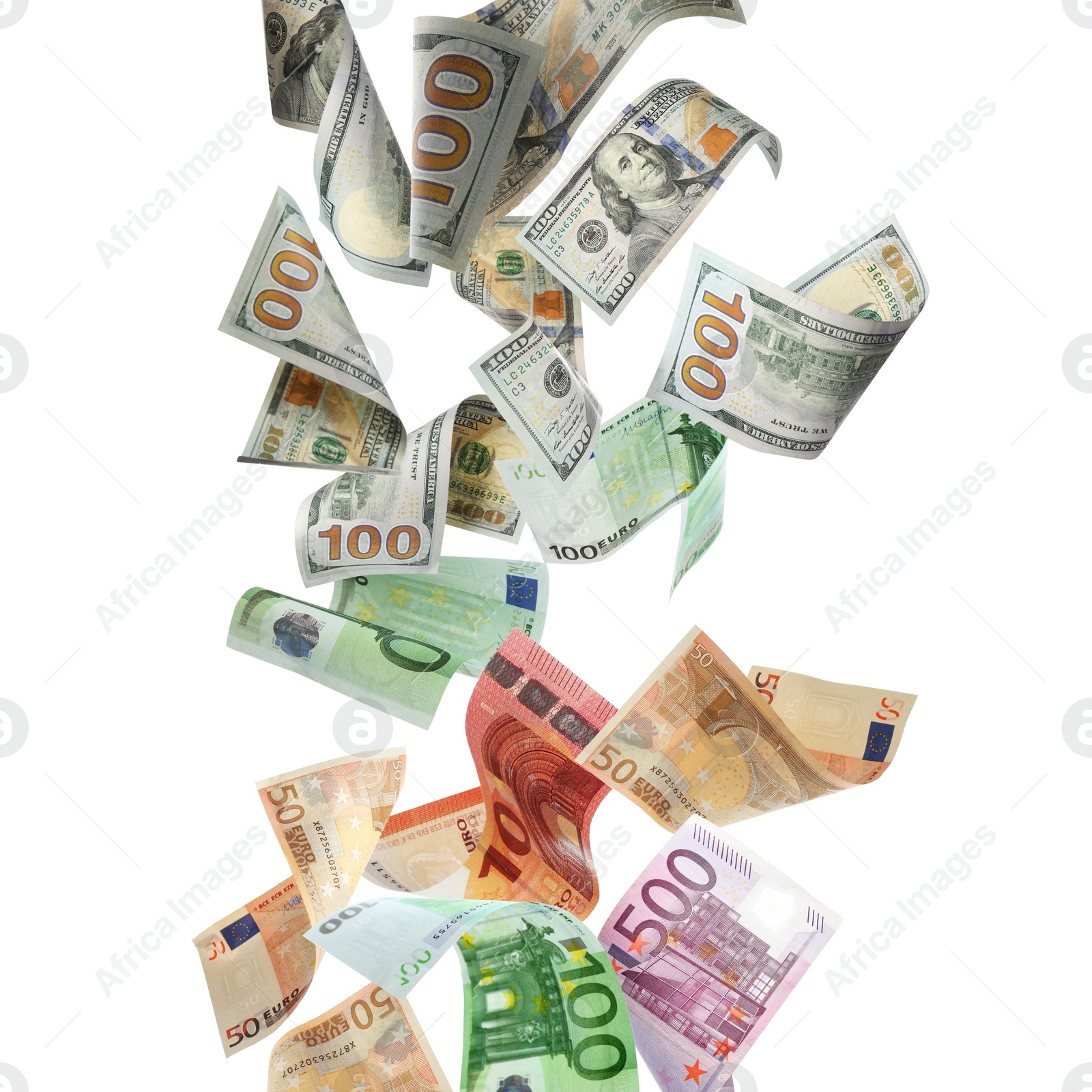 Image of Money exchange. Many dollars and euro banknotes falling on white background