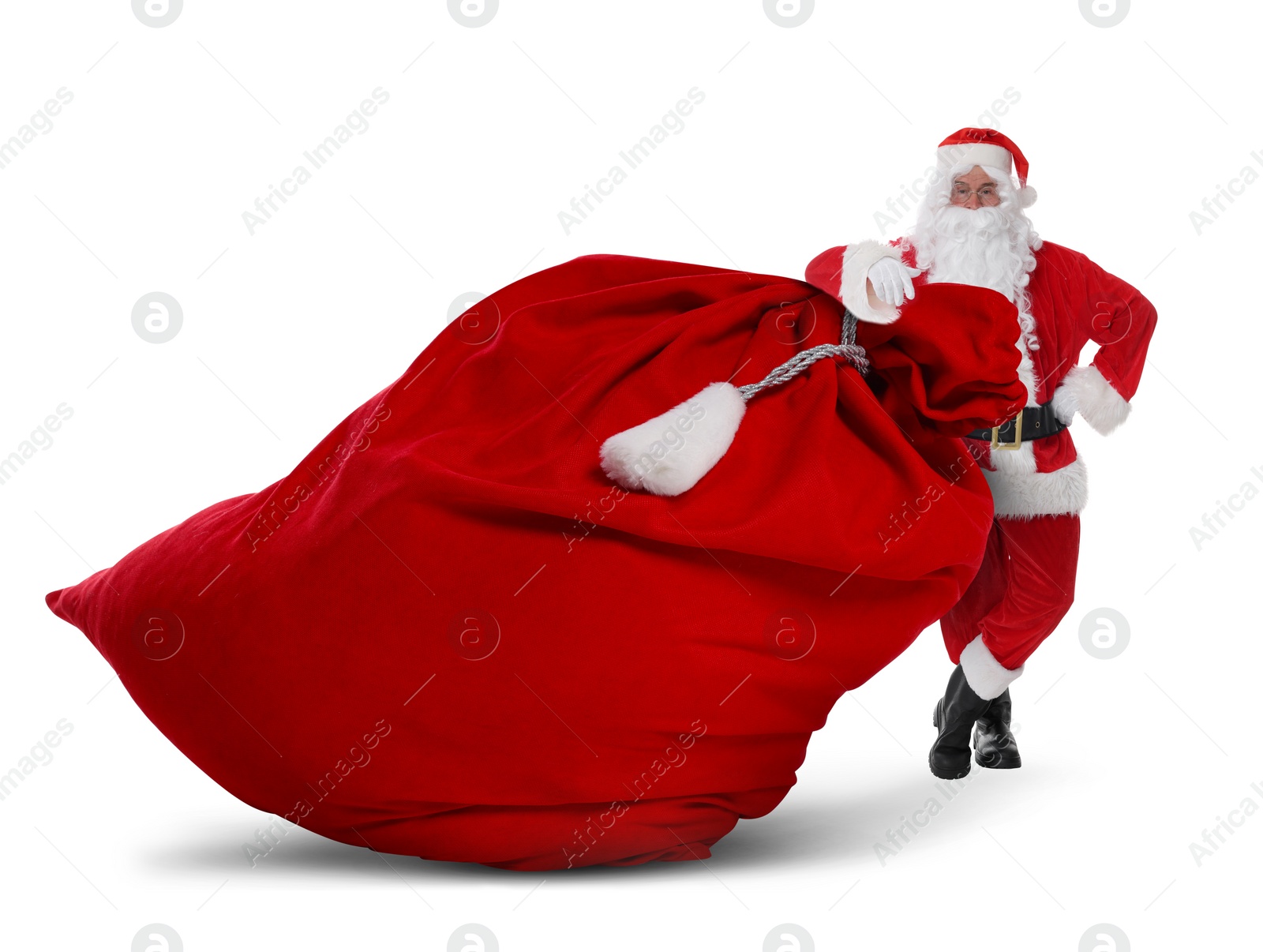 Image of Santa Claus with big red bag full of Christmas presents on white background