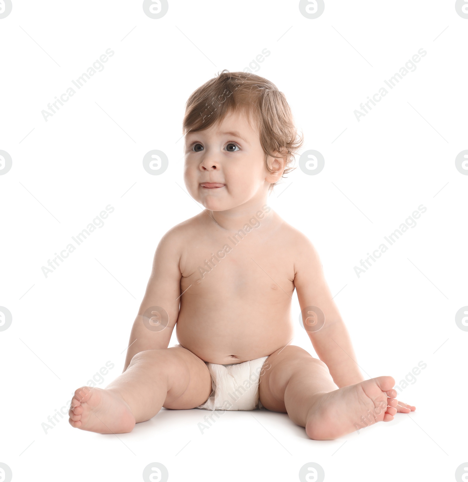 Photo of Cute little baby in diaper on white background