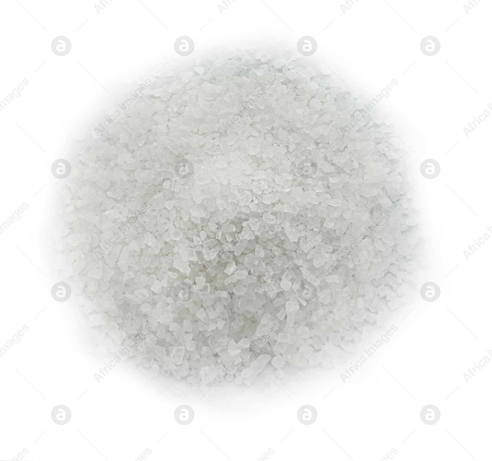 Photo of Heap of natural salt isolated on white, top view