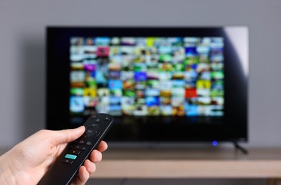 Photo of Woman switching channels on TV set with remote control at home, closeup. Space for text