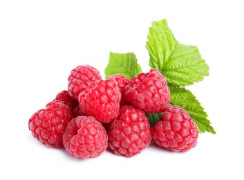 Fresh red ripe raspberries with green leaves isolated on white