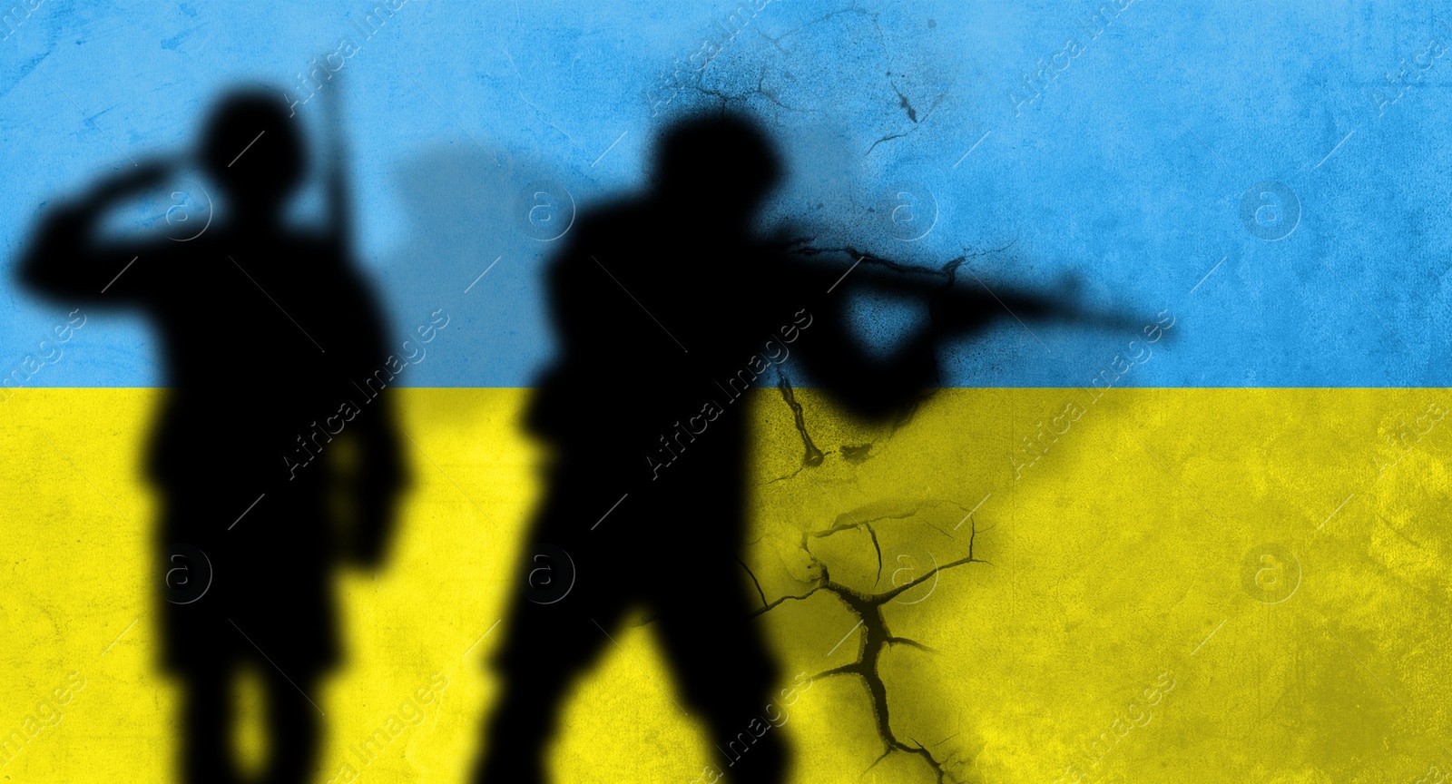 Image of Silhouettes of soldiers with Ukrainian flag colors on background, space for text. Military service during war