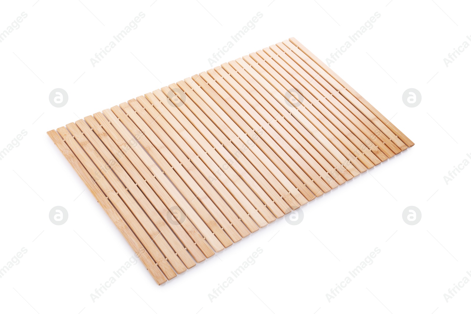Photo of Bamboo rug isolated on white. Bath accessory