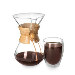 Chemex coffeemaker and glass of coffee isolated on white