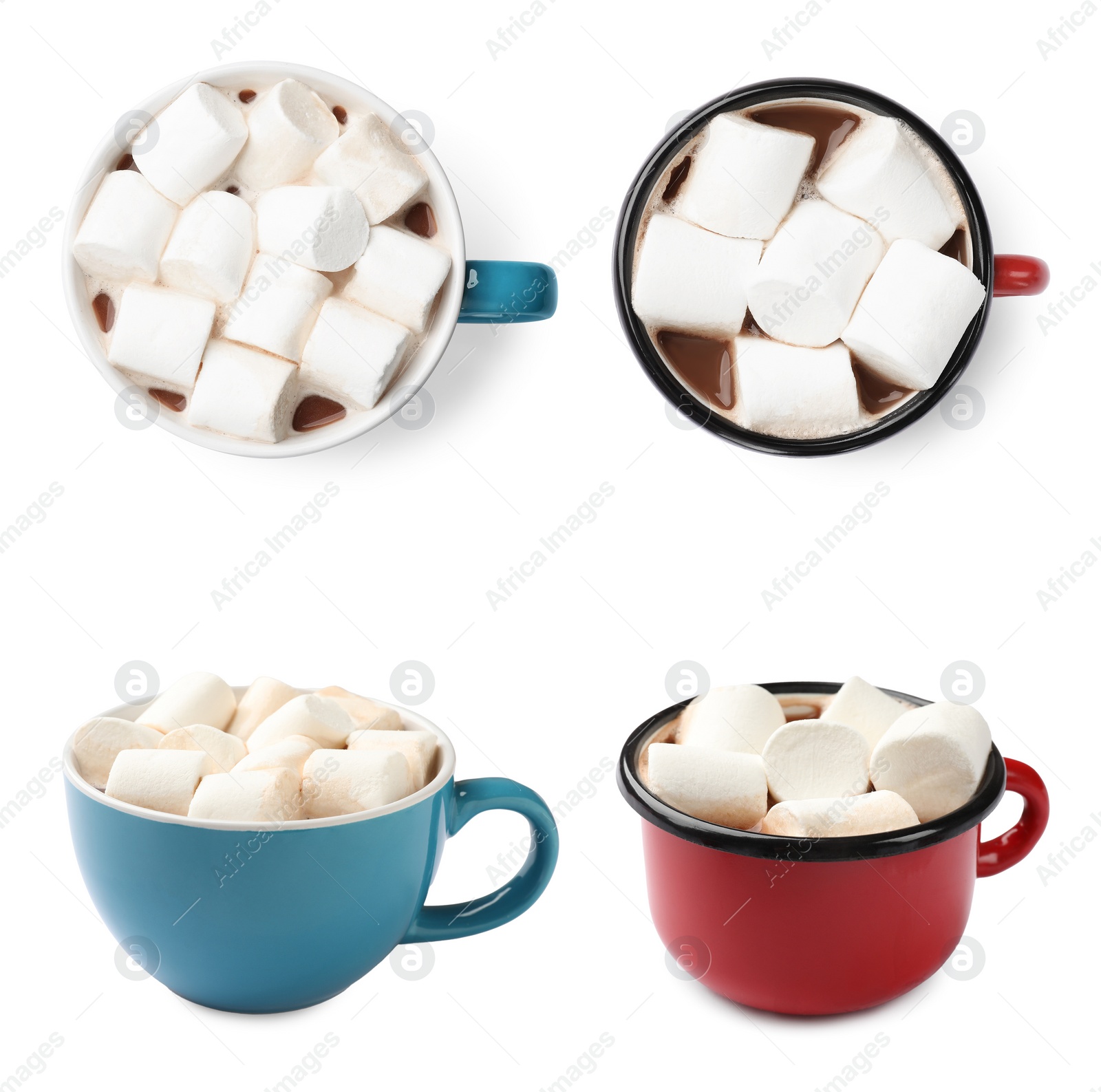 Image of Delicious hot chocolate with marshmallows in cups isolated on white, top and side views