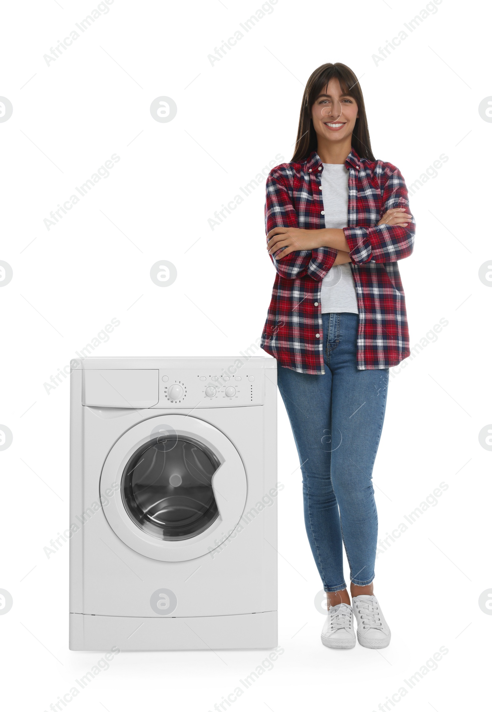 Photo of Beautiful woman near washing machine on white background