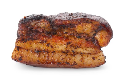 Photo of Piece of tasty baked pork belly isolated on white